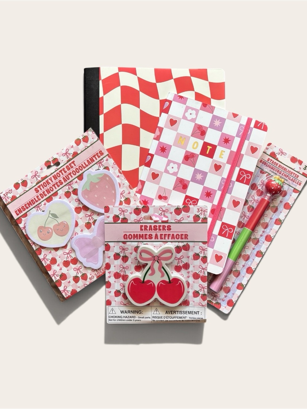 Cherry & Strawberry Strawberry Stationery Set | Pink Red Checkered Notebook - Picture 7 of 7